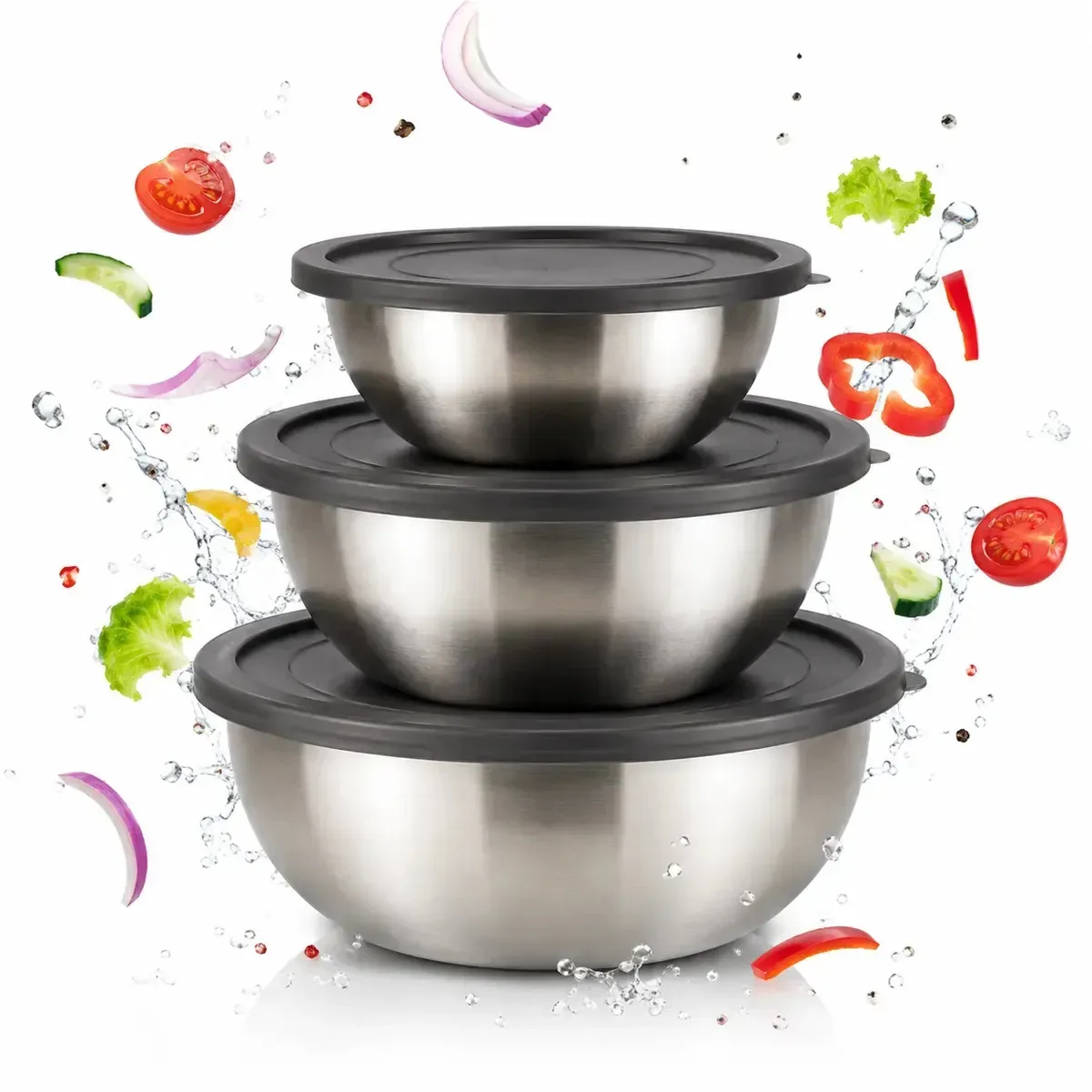 Conjunto de tigelas de aço inoxidável X3 com tampas herméticas, tigelas de salada, misturadores empilháveis, batedor para cozinha, pastelaria, saladas, alimentos, Levys Bazar