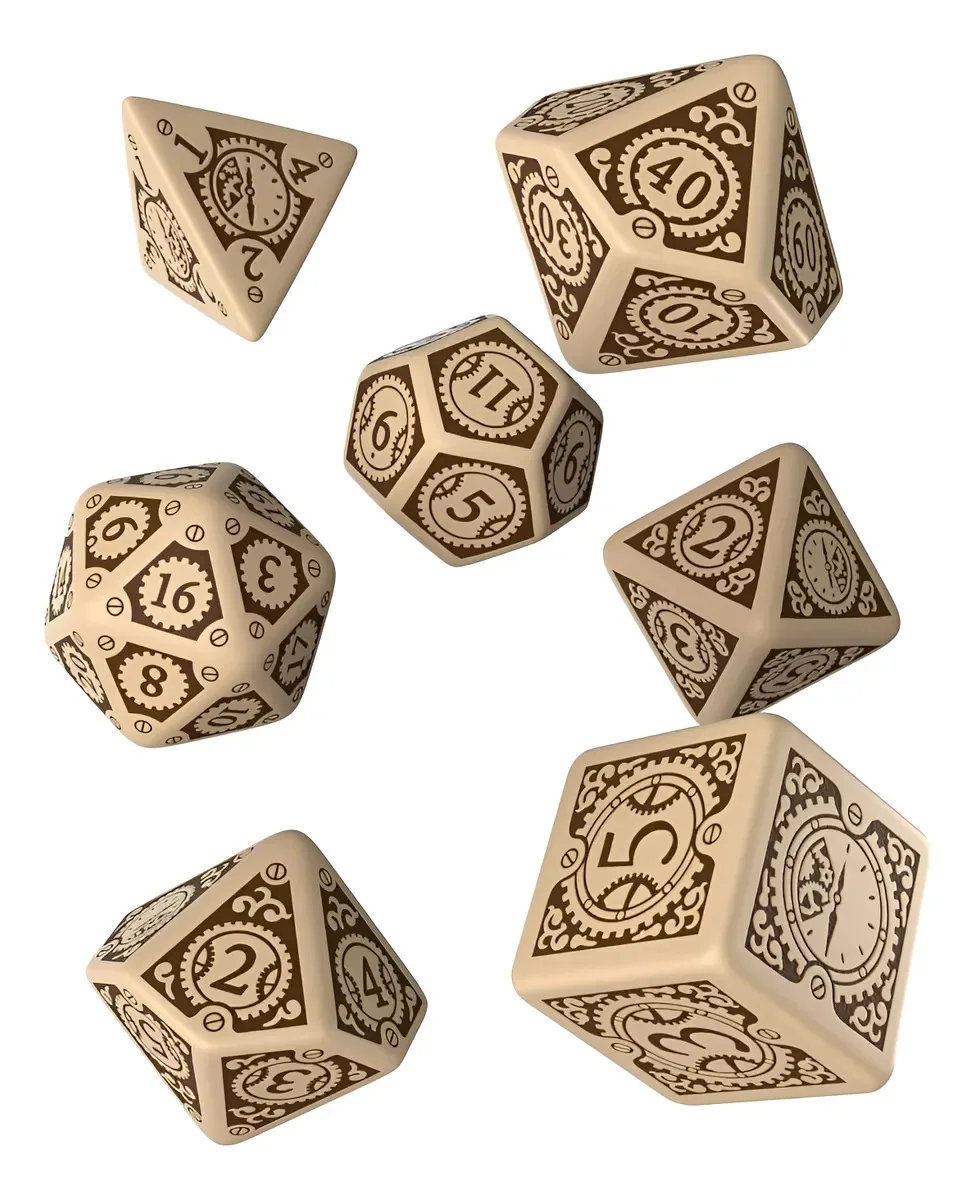 Dados Steampunk mecânicos bege e marrom, conjunto de 7