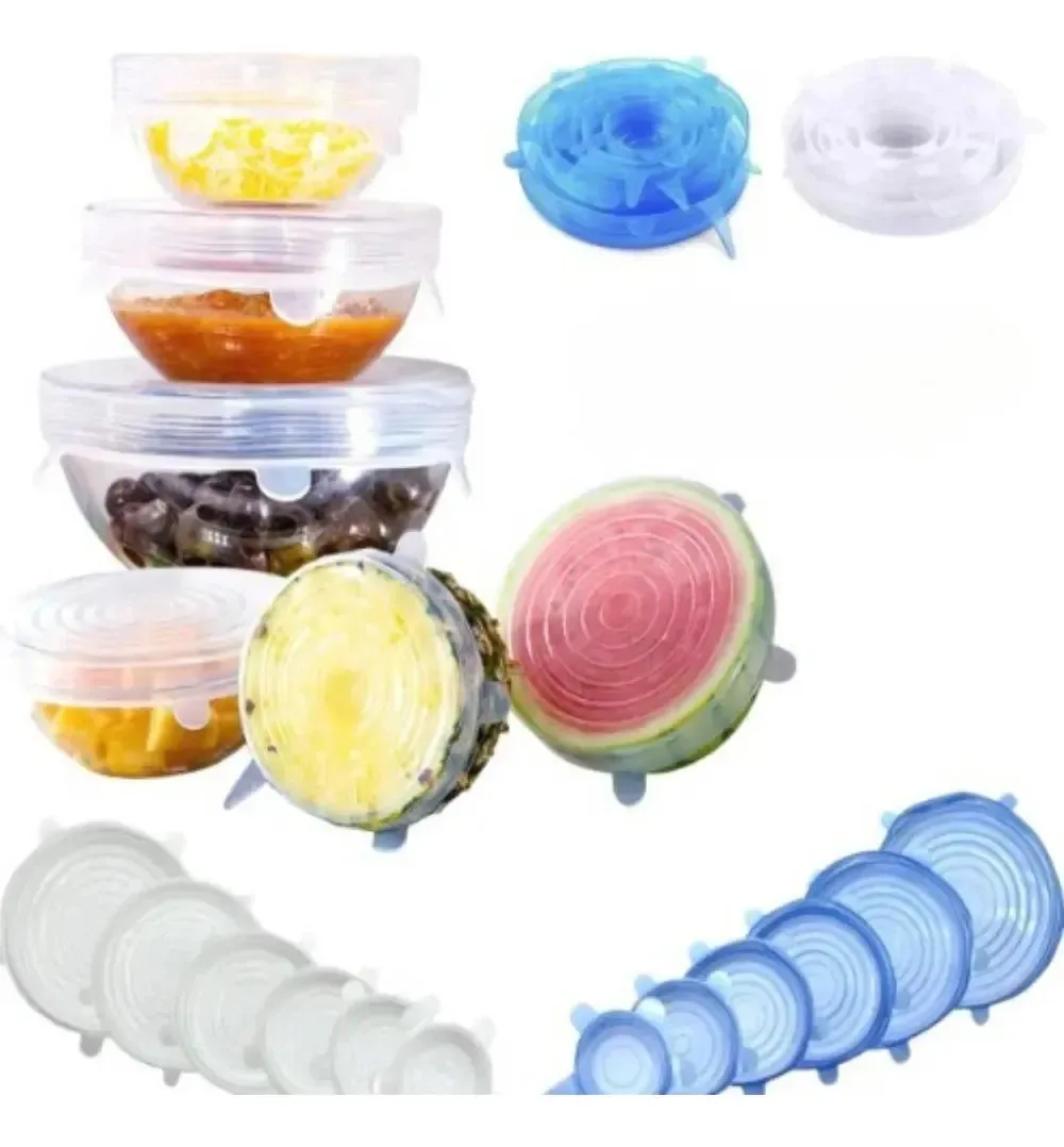 Kit Com 06 Tampas Flexível De Silicone Protege Os Alimentos