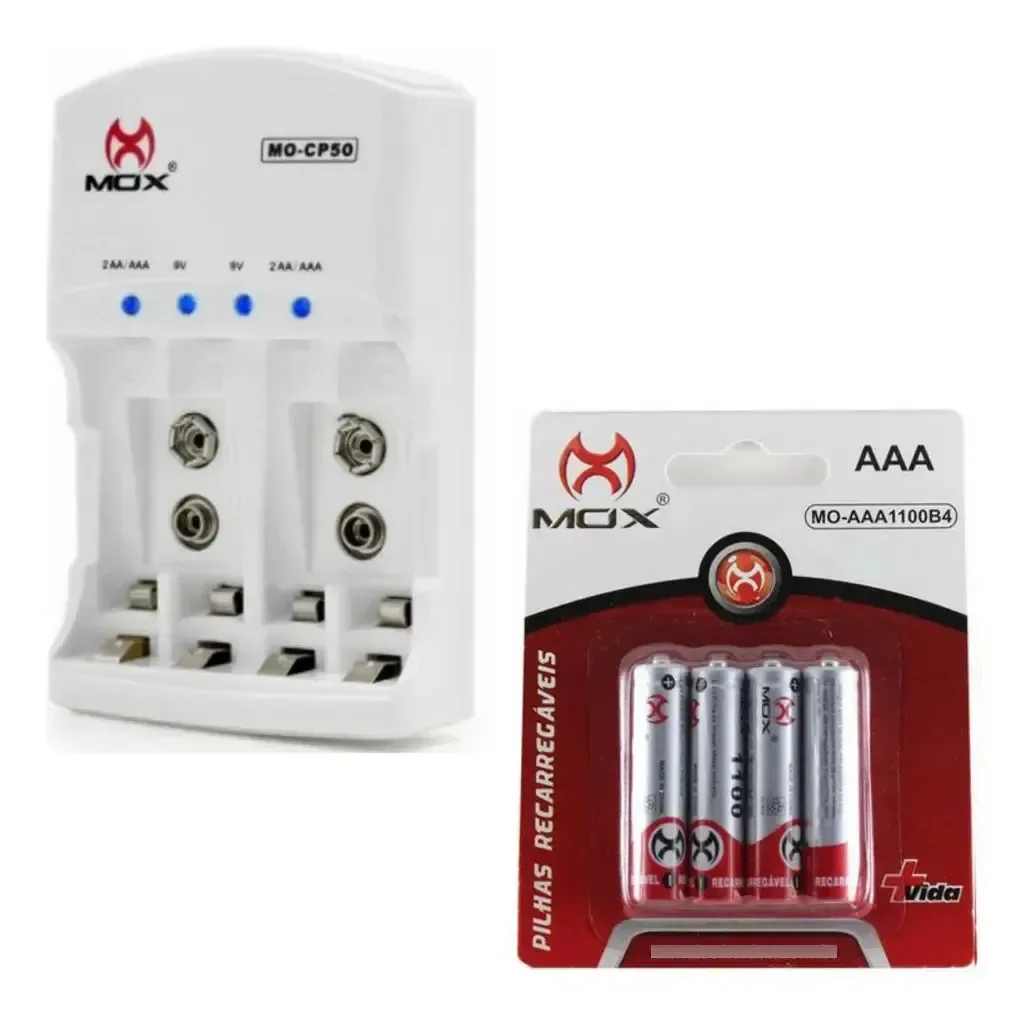 Carregador Bivolt Auto Stop Com 4 Pilhas Aaa Palito Mox