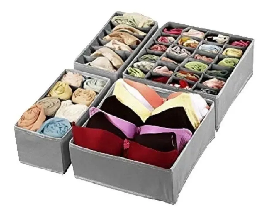 Kit 4x Caixa Organizador Armário Organizar Meia Roupa Intima Cor Cinza