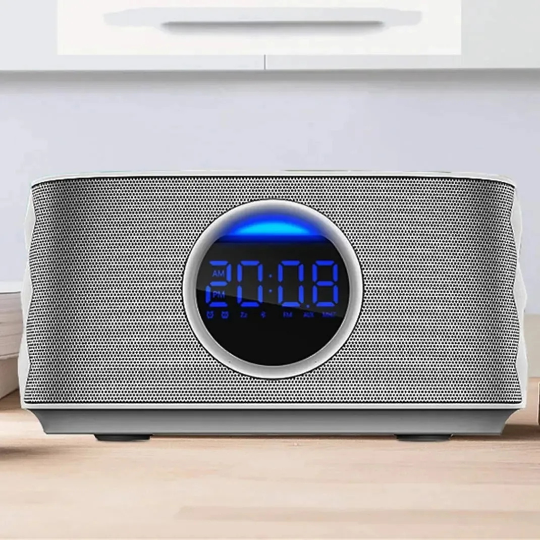 Alto-falante Bluetooth externo portátil Karfri para carro, despertador, rádio digital, indicador LED de áudio surround 3D, espelho, rádio FM, rádio-relógio, cinza