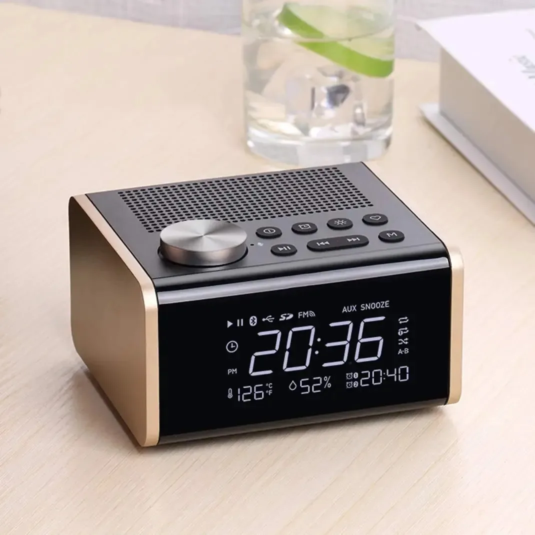 Alto-falante Bluetooth Karfri, despertador, rádio, relógio digital, cabeceira com temporização de temperatura e umidade, disco U Audio, rádio FM, relógio FM, dourado
