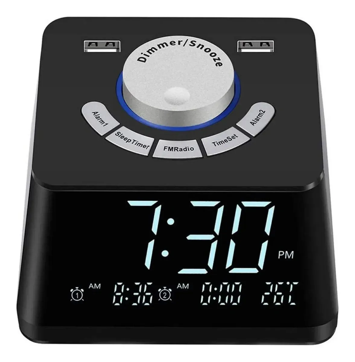 Despertador de cabeceira Karfri para quarto Rádio-despertador com rádio FM, duas portas de carregamento USB, alarmes duplos, despertador de cabeceira com 7 sons de alarme, 5 despertadores digitais