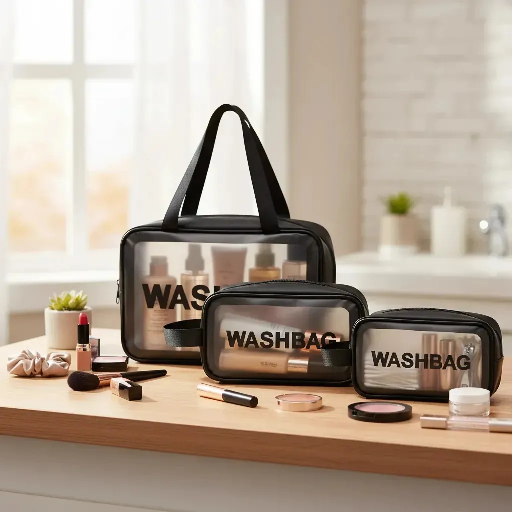 Kit Necessaires: transparente, 3 tamanhos, maquiagem, cosméticos, cor preta, cor preta, design de tecido liso
