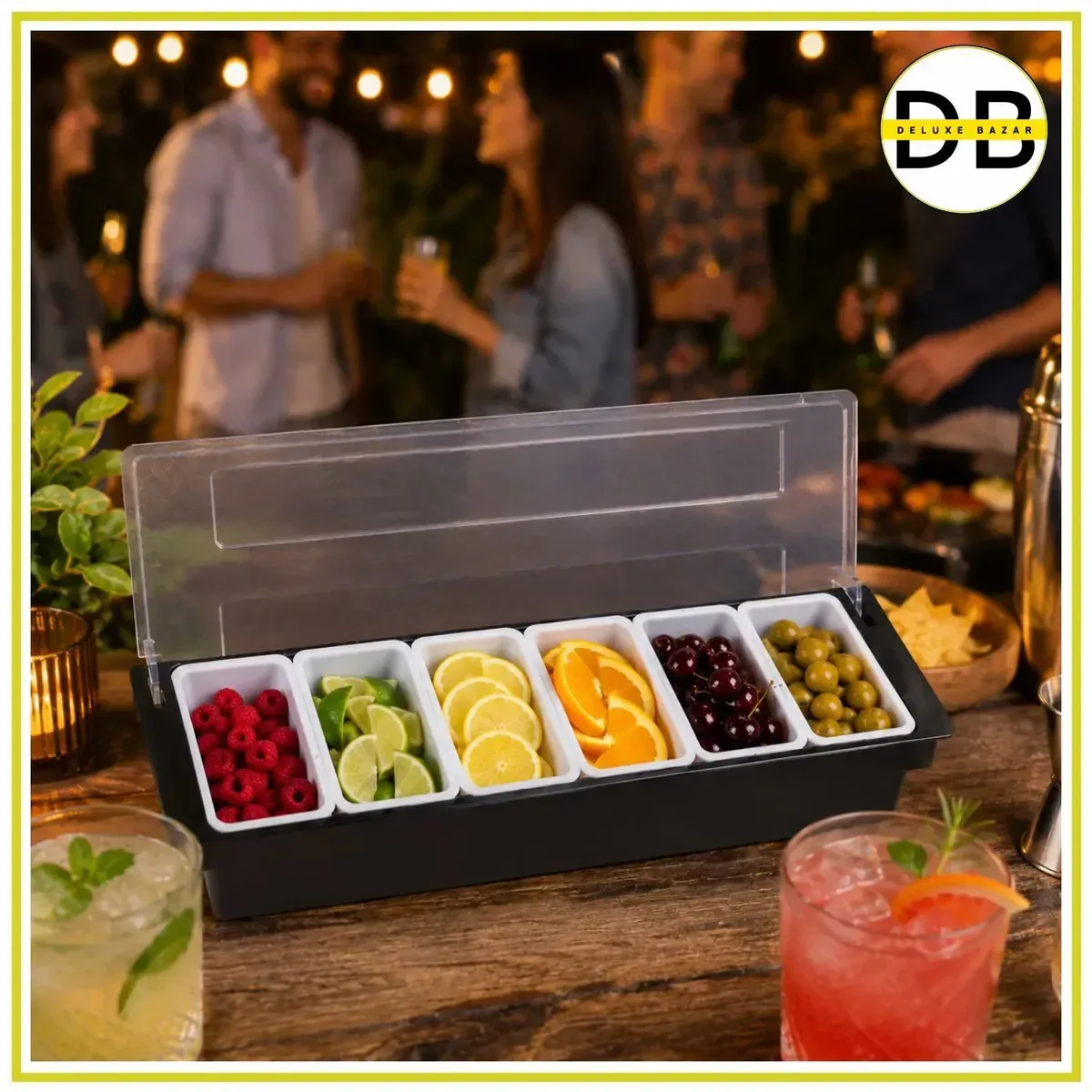 Organizador de frutas e condimentos para coquetéis, 6 compartimentos com tampa, ideal para bar, cozinha, bebidas e gastronomia profissional, Deluxe Bazar