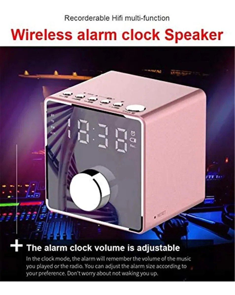 Despertador Gerrit com rádio digital, áudio sem fio, subwoofer portátil para telefone externo, relógio de rádio FM LED de cabeceira, dourado (rosa)