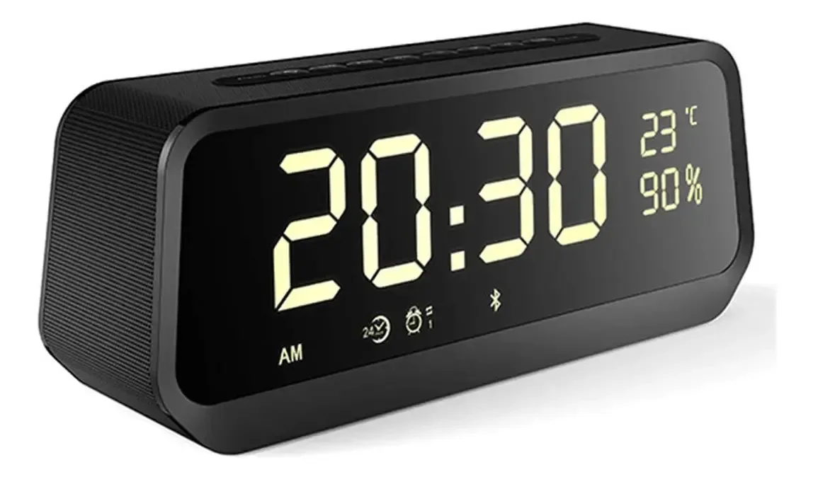 Alto-falante Bluetooth sem fio Gerrit, despertador com espelho LED, rádio FM com display de temperatura, relógio inteligente portátil com brilho ajustável