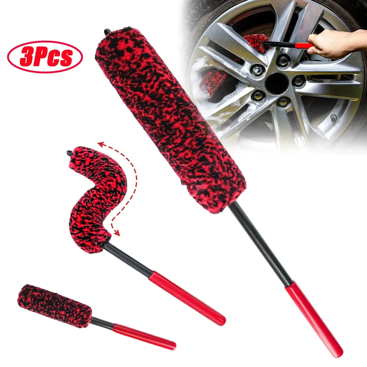 Kit 3 Escovas De Microfibra Para Furo De Roda Limpeza Automotiva De Rodas Cerdas Macias Detalhamento 3 Tamanhos