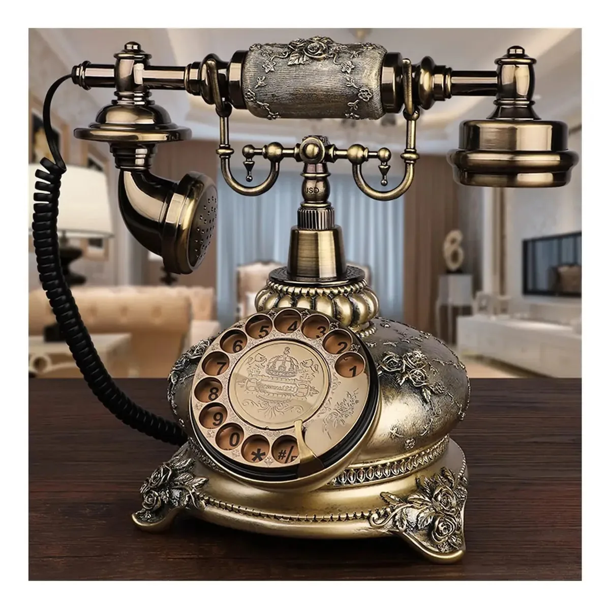 Telefone antigo retrô vintage com botão para decoração de casa, telefone antigo com mostrador giratório, telefone antigo com luz de fundo, telefone a cabo fixo com tela