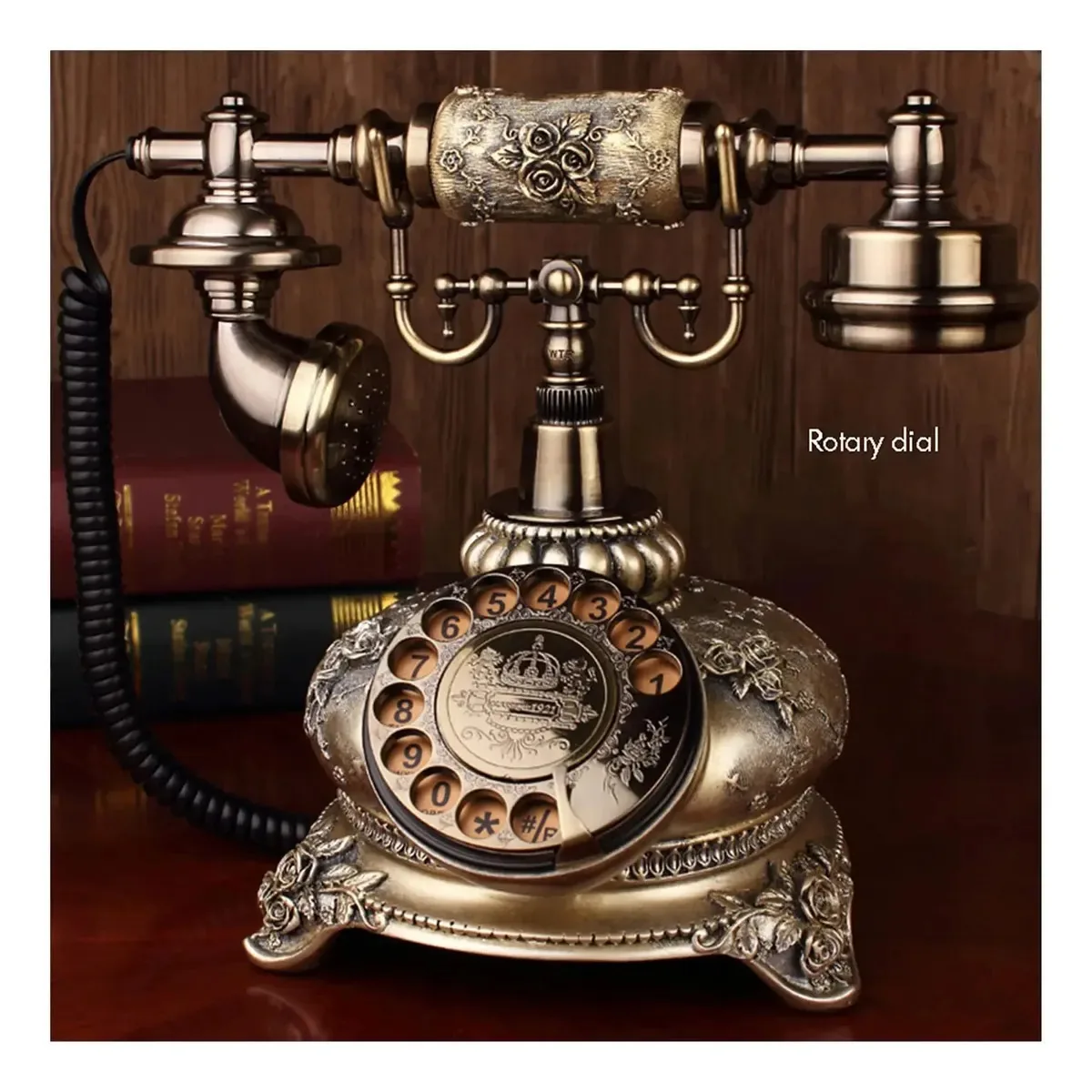 Telefone antigo retrô vintage com botão para decoração de casa, telefone antigo com mostrador giratório, telefone antigo com luz de fundo, telefone a cabo fixo com tela