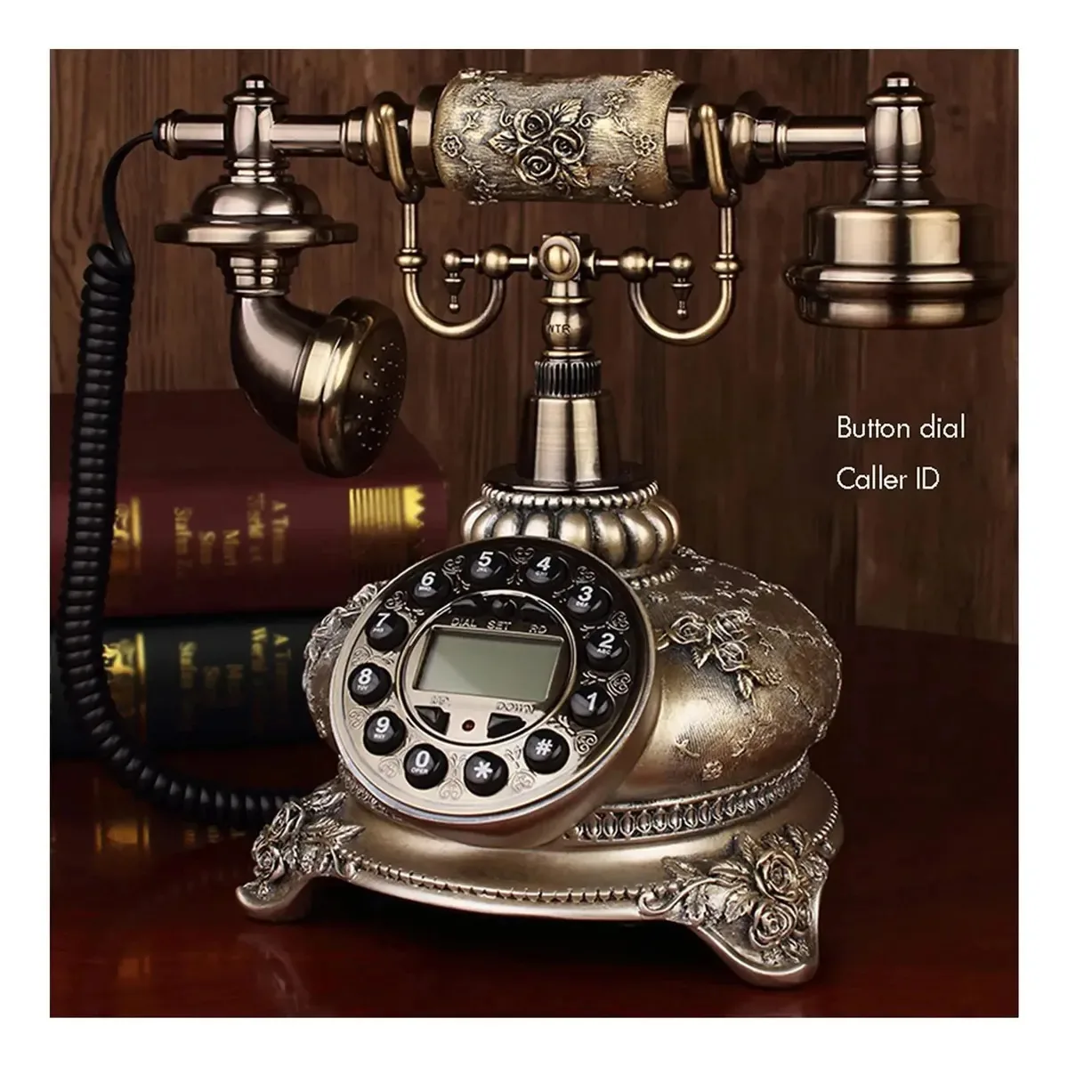 Telefone antigo retrô vintage com botão para decoração de casa, telefone antigo com mostrador giratório, telefone antigo com luz de fundo, telefone a cabo fixo com tela