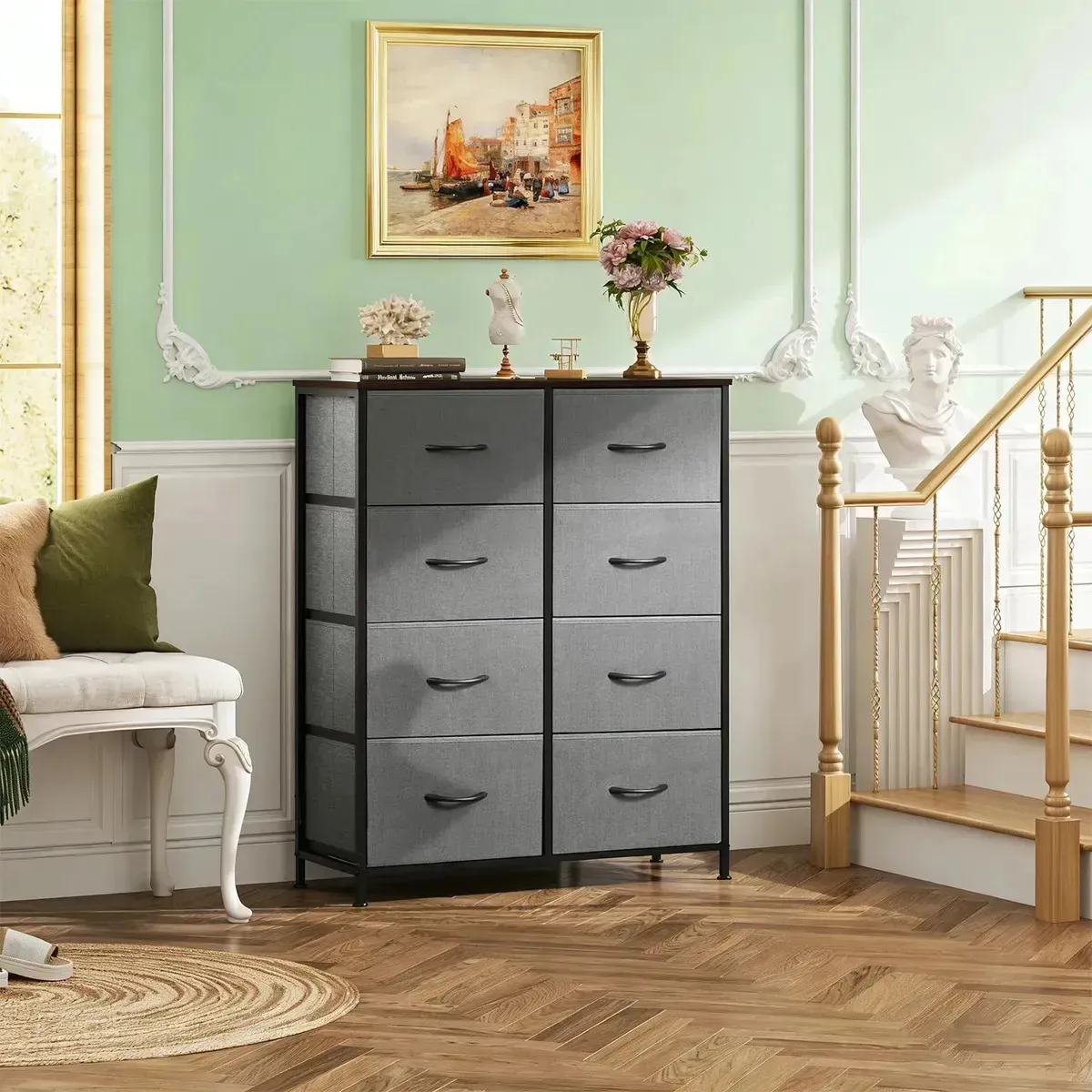 Armário furrific com 8 gavetas, móveis de armazenamento de 80x30x93cm, caixa de armazenamento cinza, adequada para conveniências no quarto, na sala de estar e no escritório.