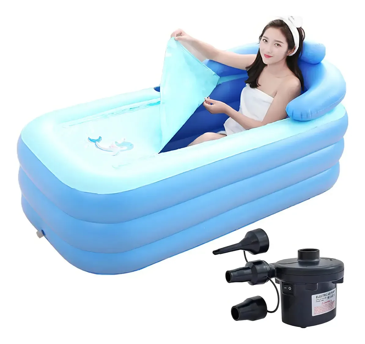 Banheira inflável para adultos com motor, banheira de hidromassagem dobrável azul sólido