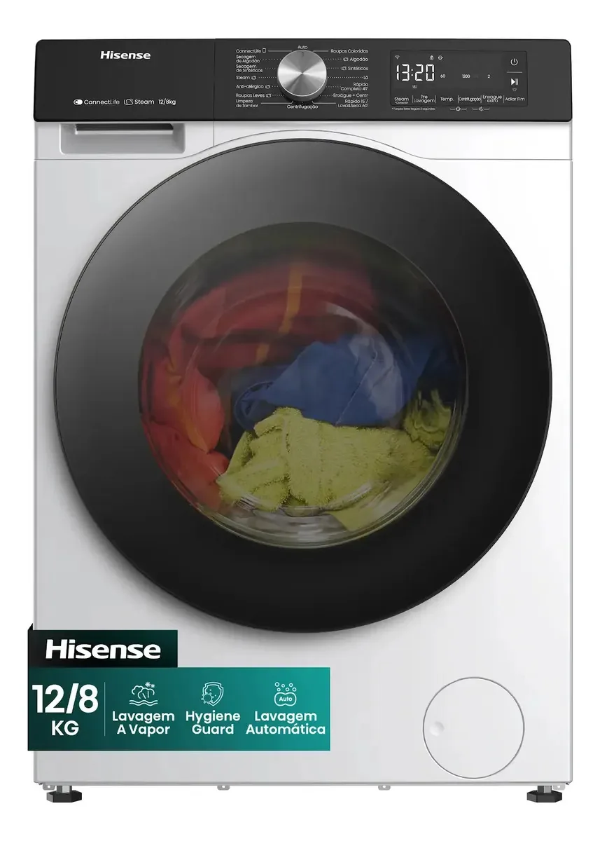 Lava e Seca Hisense 3S Branca 12kg / 8kg Inverter 16 programas 110V com Wi-Fi WD3S1243BW1