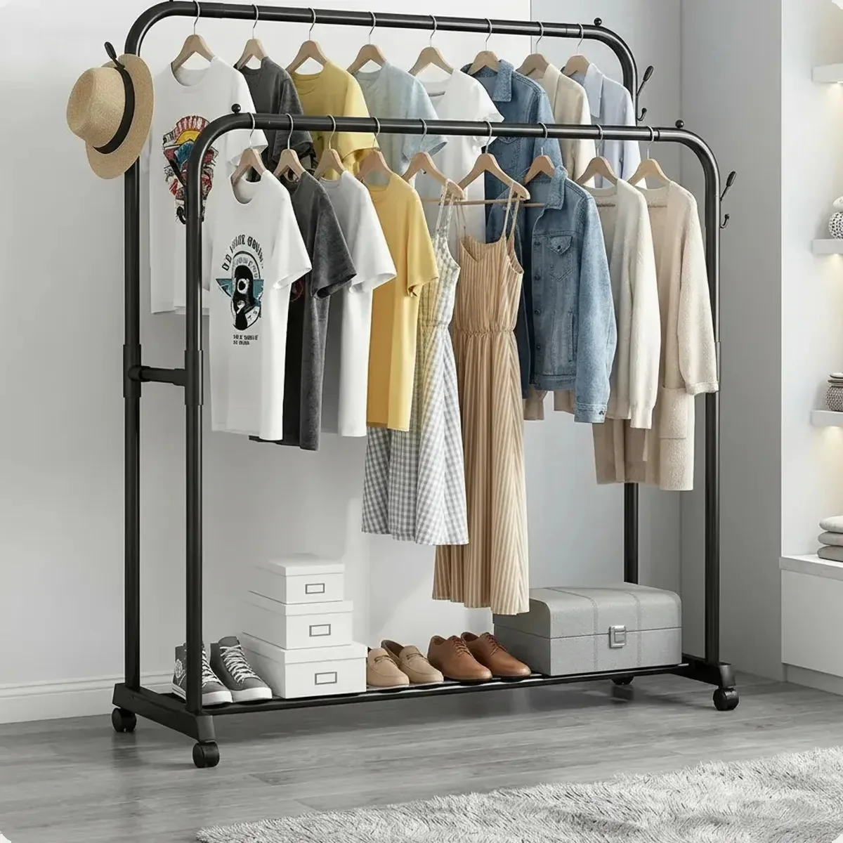 Rack de roupas móvel de barra dupla com rodas para roupas - preto