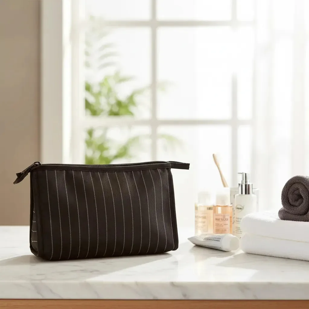 Necessaire Preta Viagem Organizador Academia Higiene Zíper Preto Listras