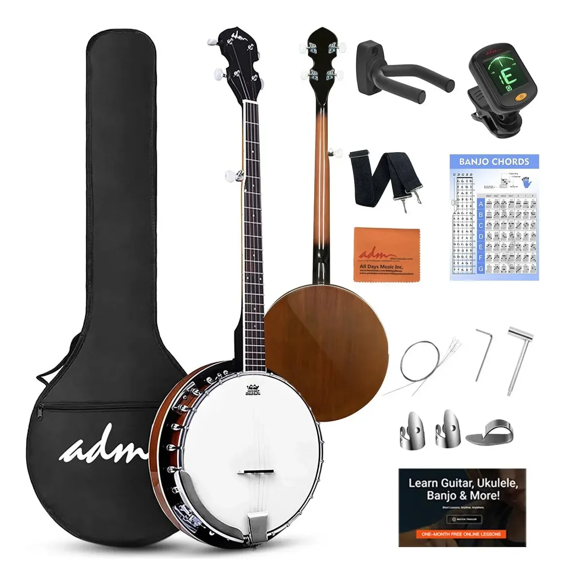 Banjo de 5 cordas Adm com 24 garfos, parte de trás. Marron
