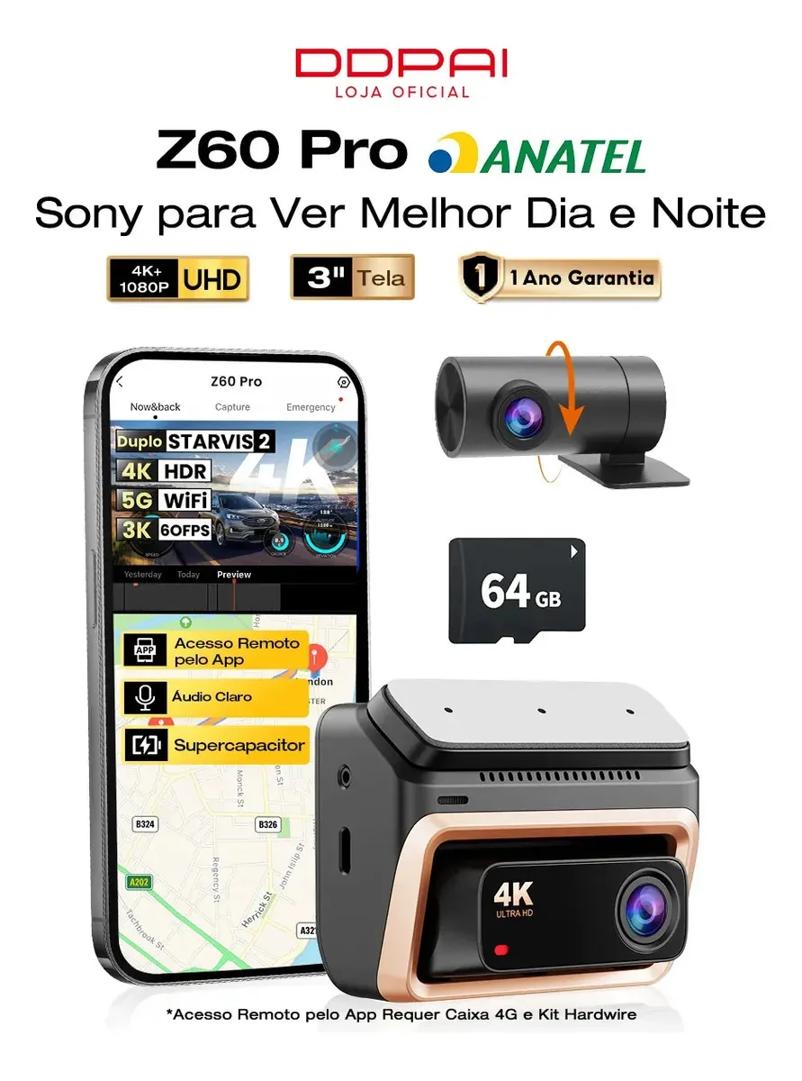 Câmera Veicular DDPAI Z60 Pro 4K+1080P com Cartão MicroSD 64GB, Dashcam Veicular HDR NightVIS 2.0, Sony STARVIS 2 IMX678/IMX662, Camera Carro GPS Wi-Fi 5GHz ADAS 2.0 Monitoramento 24H