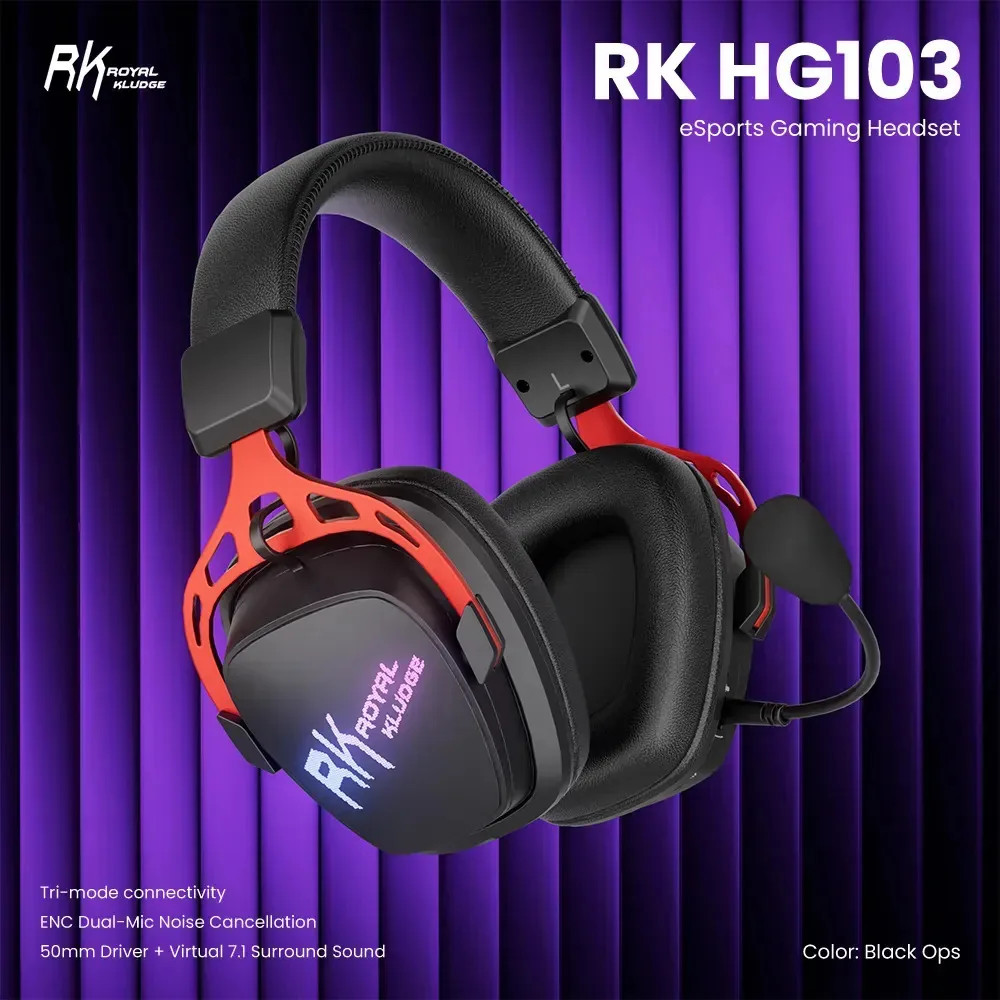 Fones de ouvido Gaming Rk Royal Kludge Hg103 Black 7.1, Bluetooth 5.3, 2.4 GHz Y Cable 3.5 mm, drivers 50 mm, microfone removível com cancelamento de ruido, Rgb, compatível com Ps5 Ps4 Xbox Pc Switch