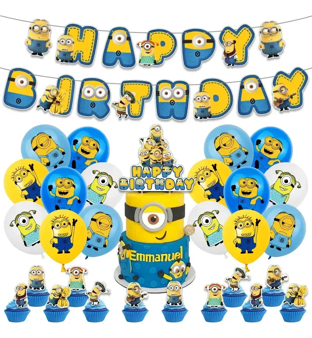 Kit completo de balões Minion para aniversário com banner e coberturas de bolo, perfeito para festas infantis
