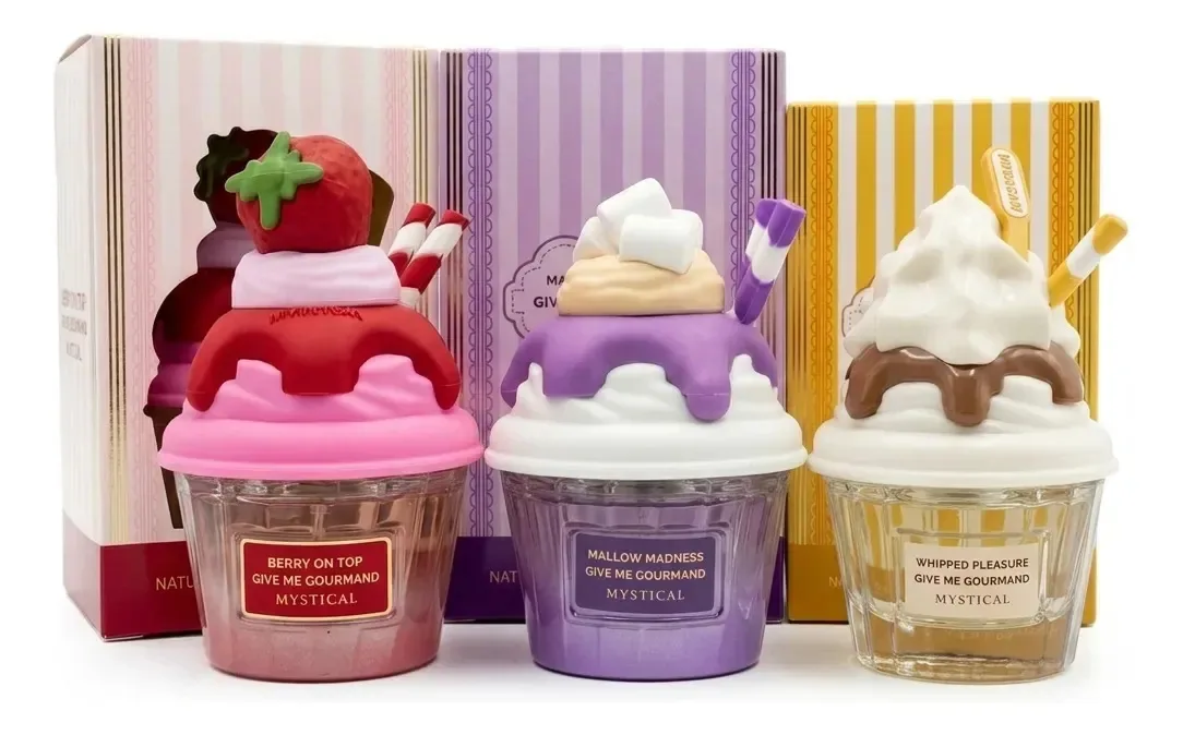 3 mini perfumes, doces gourmand, edição de sobremesas