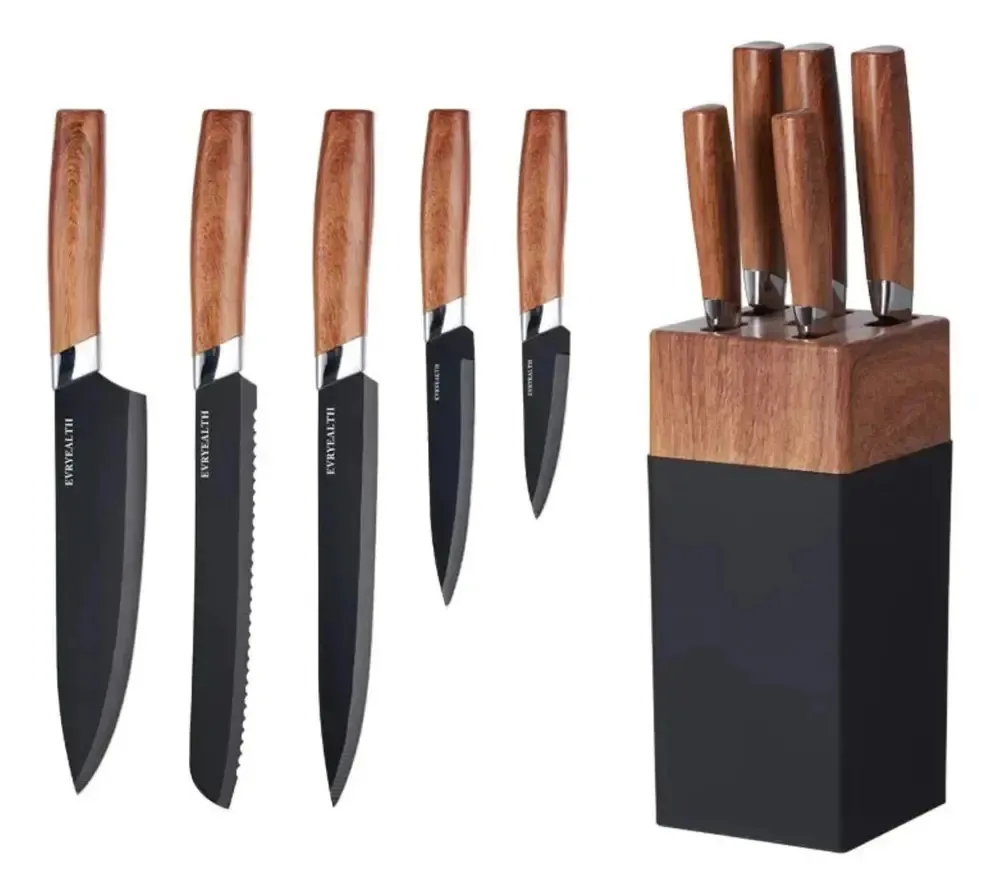 Conjunto Facas Cozinha Aço Inoxidável Preto 5 Facas+suporte