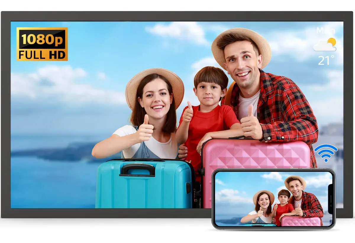 Porta-retratos digital de 21,5 polegadas com Wi-Fi, moldura para fotos em preto escuro