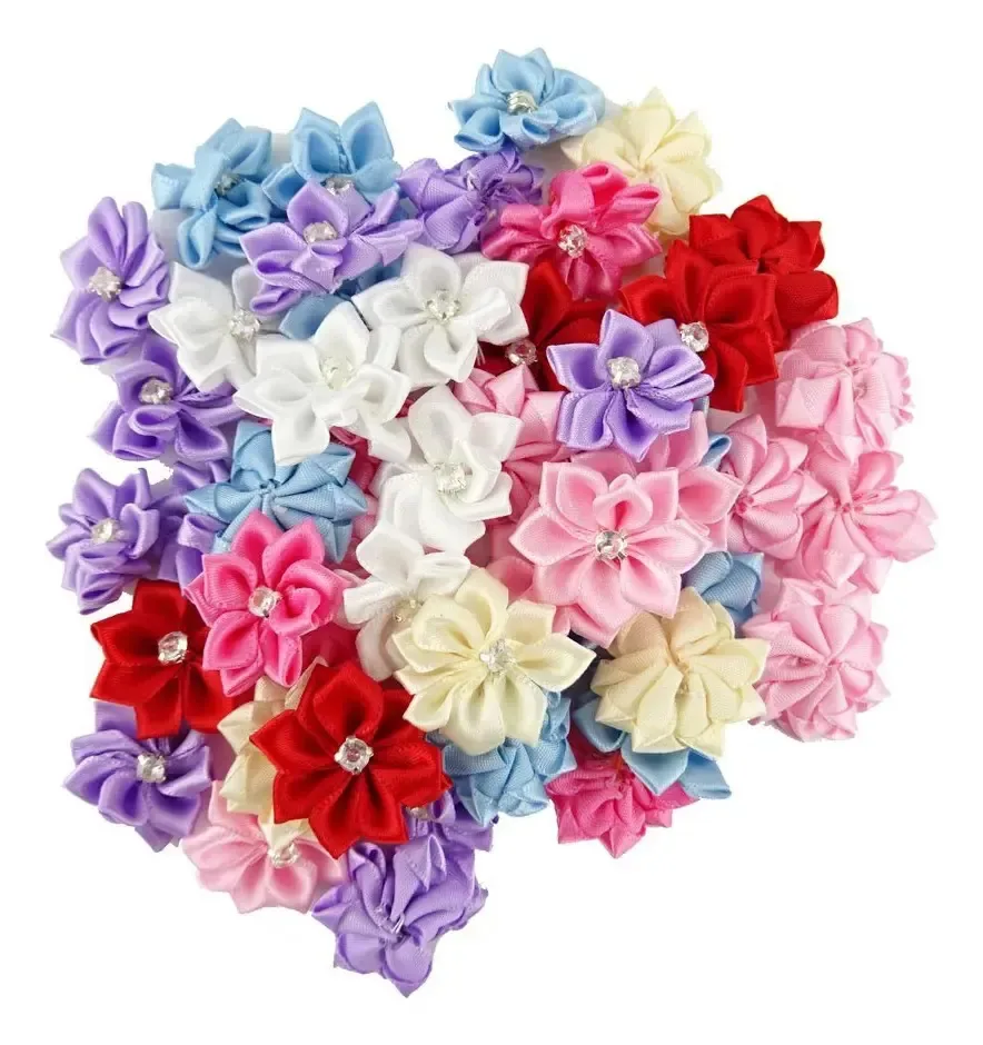 Pacote Yueton de 50 flores de fita de cetim com diamante. Cores variadas: 50 unidades