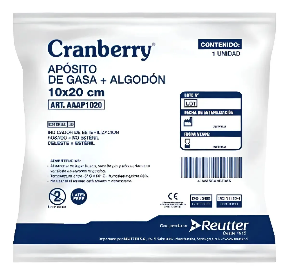 Gaze não tecida Aposito + algodão estéril 10x20 bolsa X10 branca