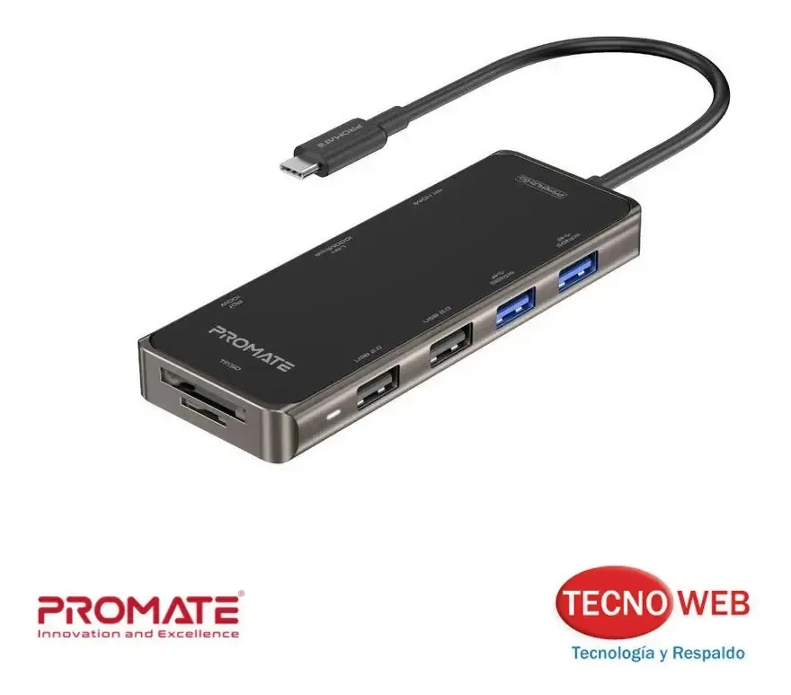 Hub USB-C Promate PrimeHub-Go 9 em 1 Hdmi Rj45 Sd Usb USB-C