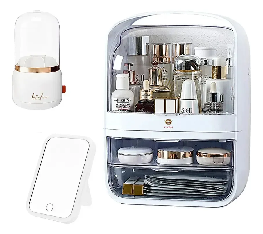 Kit Organizador Maquiagem Espelholed Porta Pincéis Giratório Branco