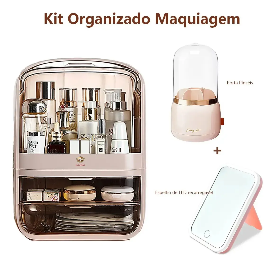 Kit Organizador Maquiagem Espelholed Porta Pincéis Giratório Rosa