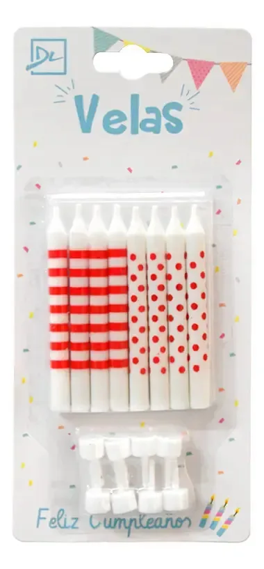 Velas de aniversário x 8 listras e bolinhas vermelhas