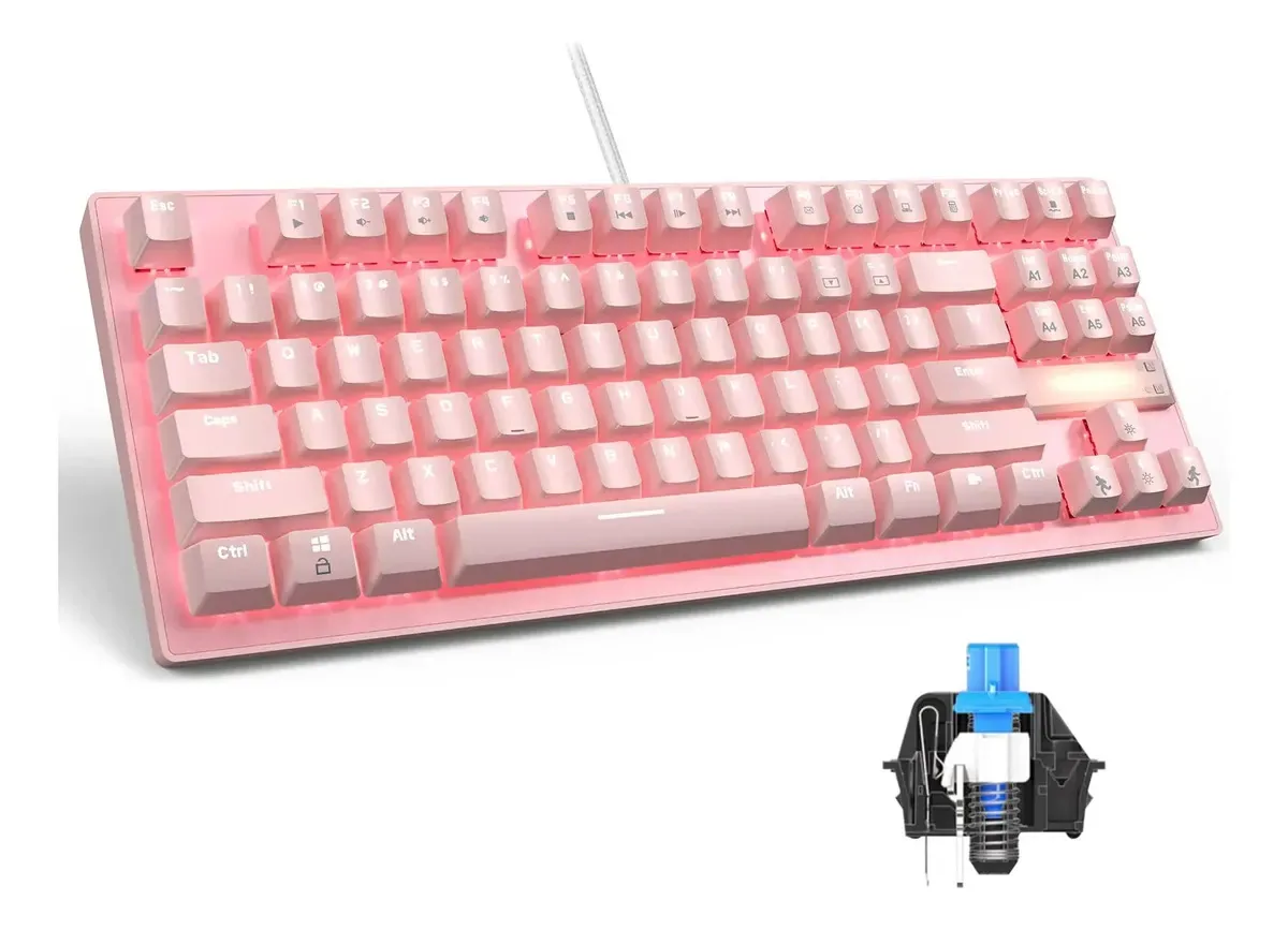 Teclado mecânico de console - Teclado mecânico com luz de fundo LED azul Mk1 - Teclado mecânico compacto pequeno de 87 teclas, teclado mecânico de metal, USB com interruptor de cabo azul