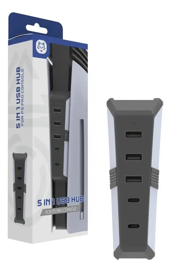 Hub Usb 5 Portas Para Playstation 5 Pro Ps5 Carregador Fone Cinza E Branco