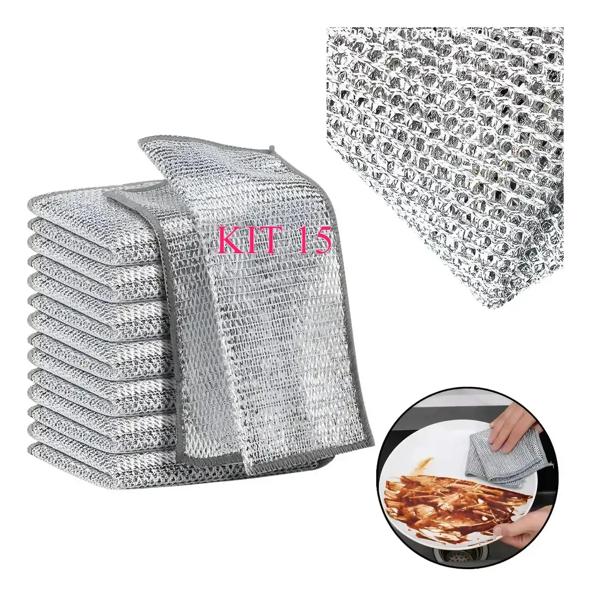 Kit 15 Panos Limpeza Multiuso Cozinha Aço Inox Reutilizável Cinza