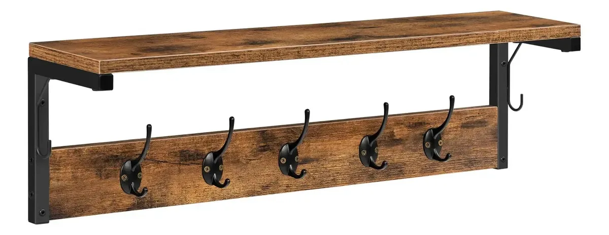 Ganchos de parede Hoobro com prateleira, rack de parede, prateleira de parede com 7 ganchos, prateleira suspensa, ganchos para roupas, chapéus, bolsas, entrada, cozinha, banheiro, estilo industrial...