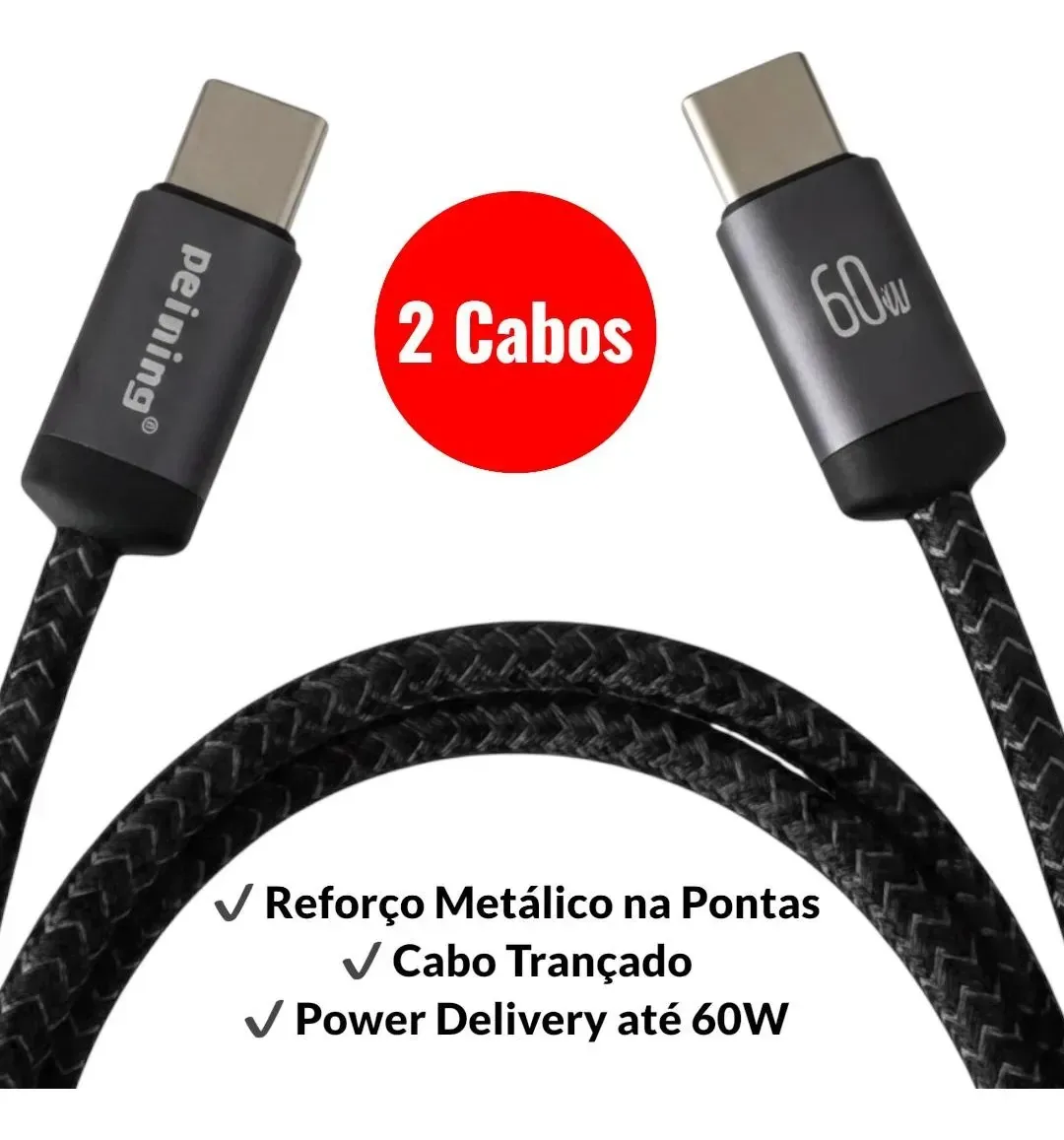 Kit Com 2 Cabos Usb-c Para Usb-c Peining 60w Power Deliver Preto