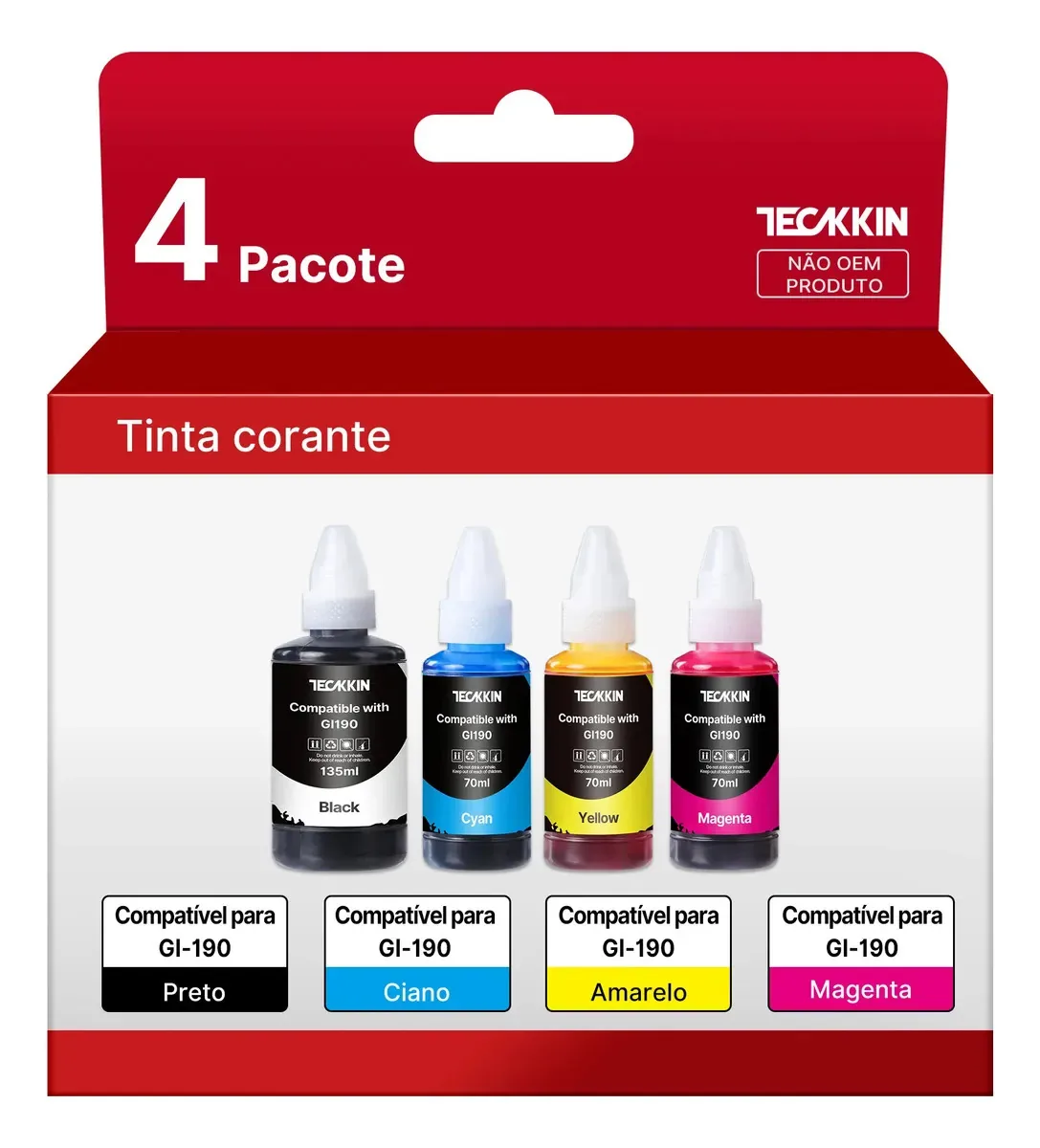 Kit De 4 Tintas Compatíveis Para Canon Para Gi190 Para Pixma G1100g1110g2100g2110g3100g3102g3110g3111g4100g4110g4111
