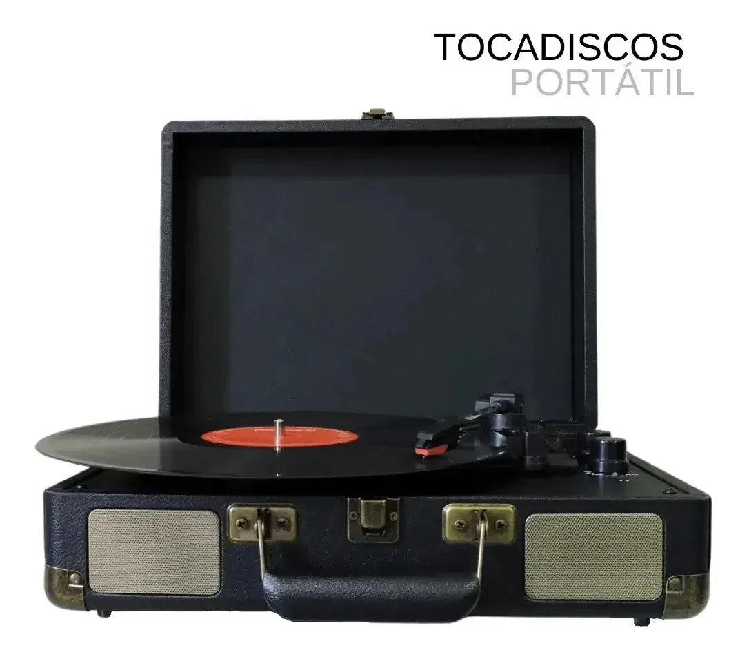 Alto-falante Bluetooth Tournamesa, toca-discos de vinil portátil, cor preto/dourado