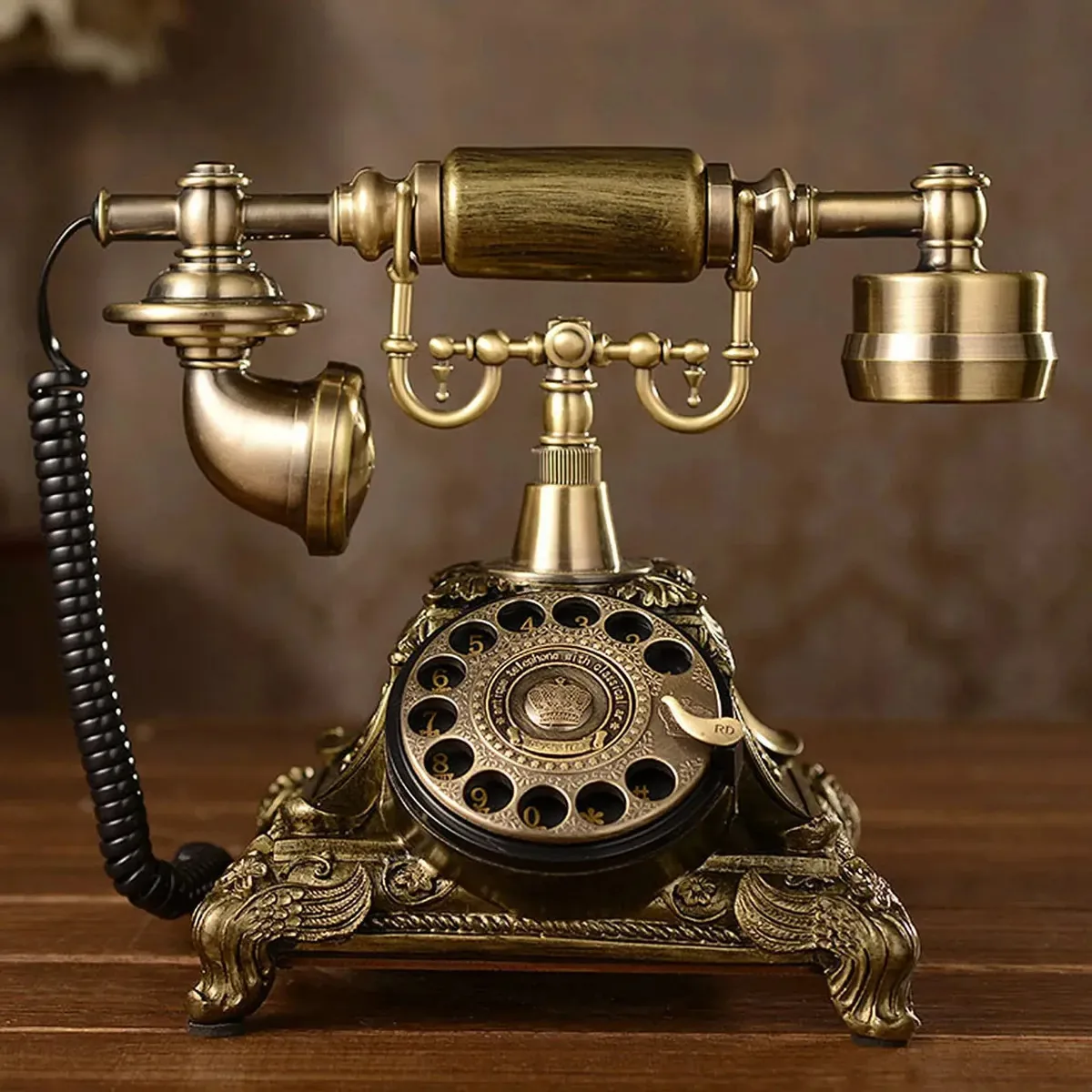 Telefone com fio retrô Nwkhrso, clássico com discagem rotativa dos anos 1960, estilo vintage, cor cobre.
