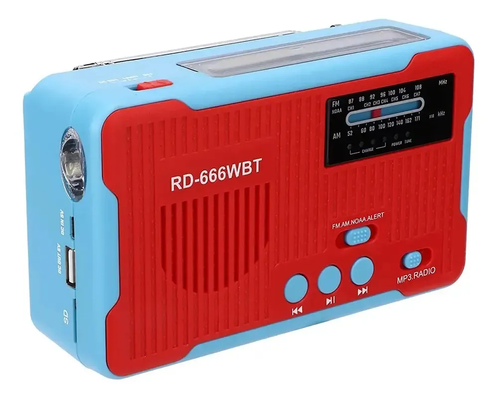 Rádio meteorológico de emergência, rádio portátil movido a energia solar com lanterna LED, rádio de alerta automático USB 2300mah Power Bank Am Fm Noaa, suporte de disco U, cartão (vermelho)