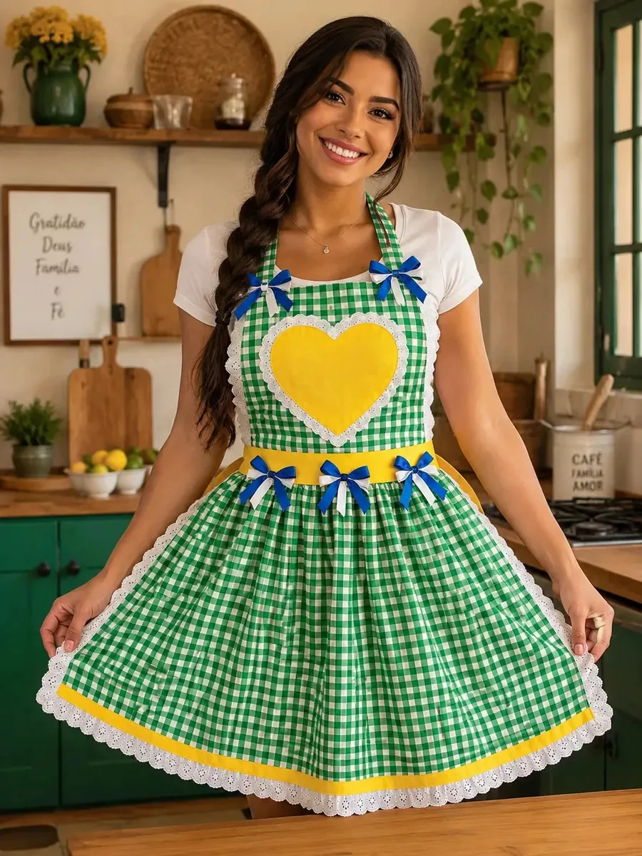 Avental Junino Xadrez Verde Amarelo Azul Feminino Adulto Verde Xadrez