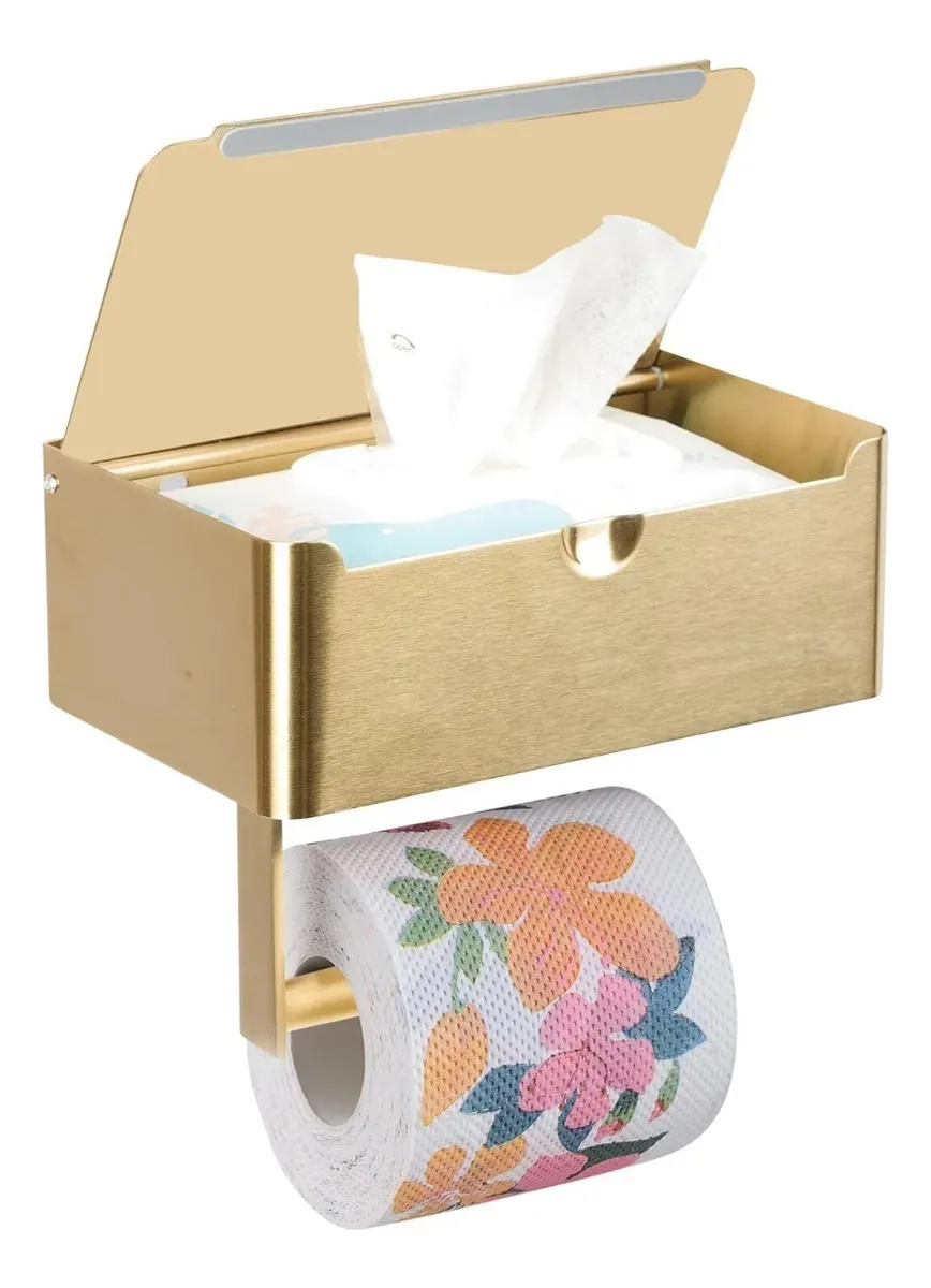 Porta Papel Higiênico Dourado E Lenços Umedecidos Na Parede Cor Oro