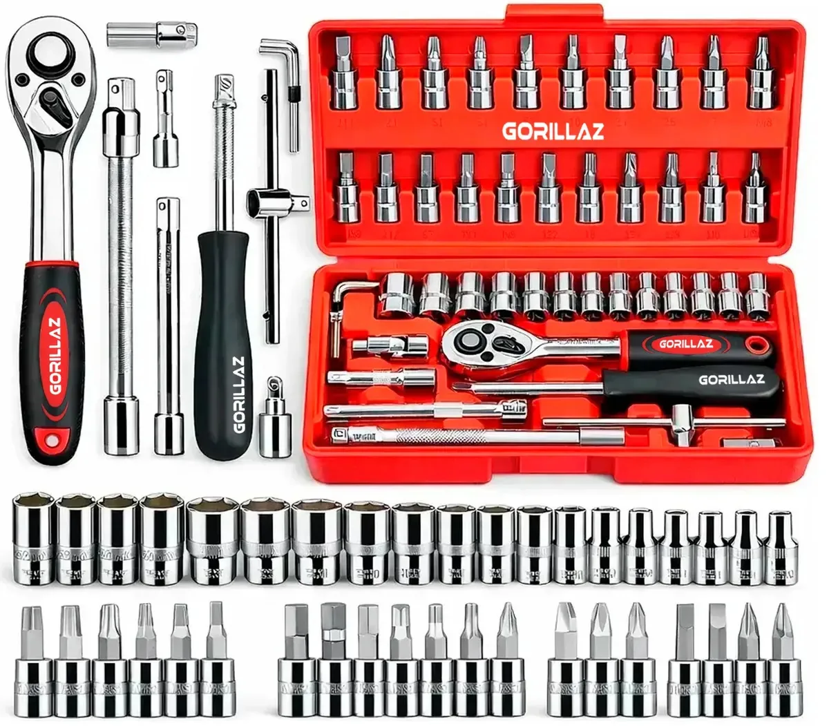 Kit Chave Catraca Soquete 46 Peças Jogo Fenda Philips Soquete Allen Maleta Manutenção Carros Motos Gks-460s Gorillaz