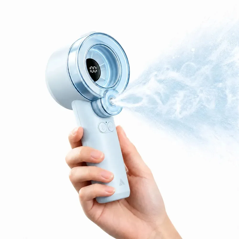 Ventiladores portáteis recarregáveis com umidificador, aspersor de água, ventilador portátil, mini ventilador de calor de bolso USB com relógio de velocidade e tanque magnético removível