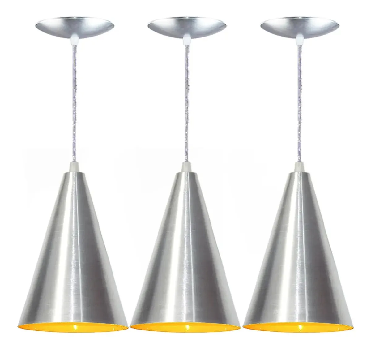 Kit 03 Lustres Pendente Cone Em Alumínio Escovado E Amarelo