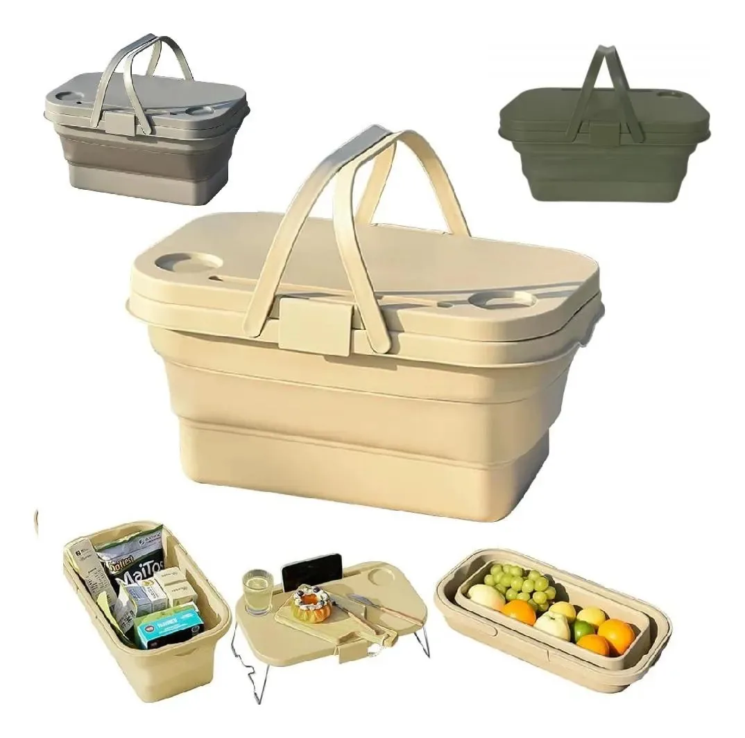 Cesto Vime Dobravel Vira Mesa Organizador Cafe Manha Picnic Cinza