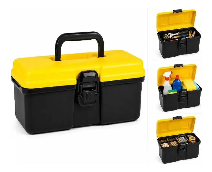 Caixa Ferramentas Mini Organizadora Alca Fecho Porta Objetos Preto E Amarelo